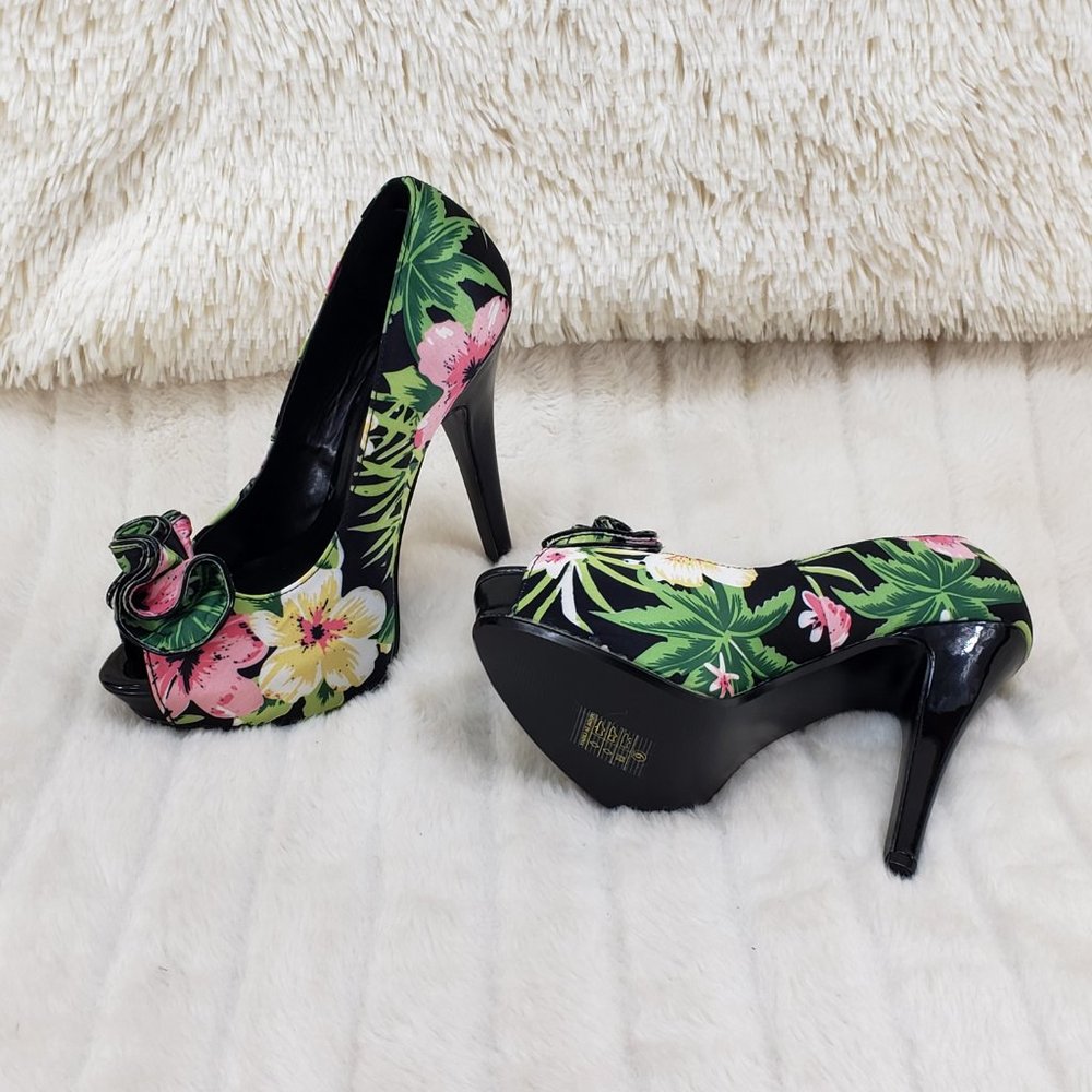 Tropical Floral Open Toe Ruffle Detail Platform Pumps Shoes - Picture 6 of 14